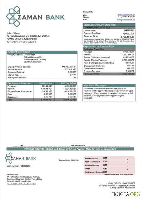 Modèle Word et PDF de relevé hypothécaire de la Kazakhstan Zaman Bank